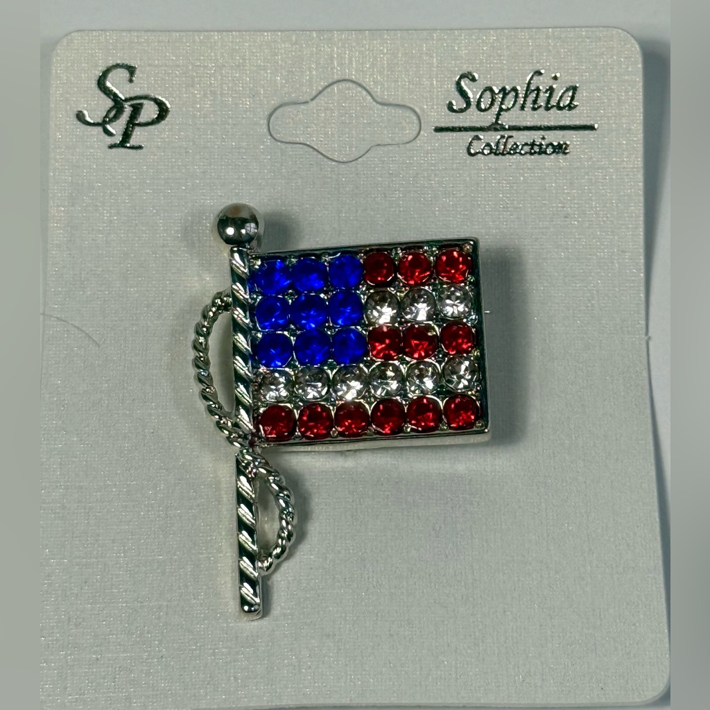 American Flag Rhinestone Brooch Patriotic Usa Pin Red White Blue Crystal